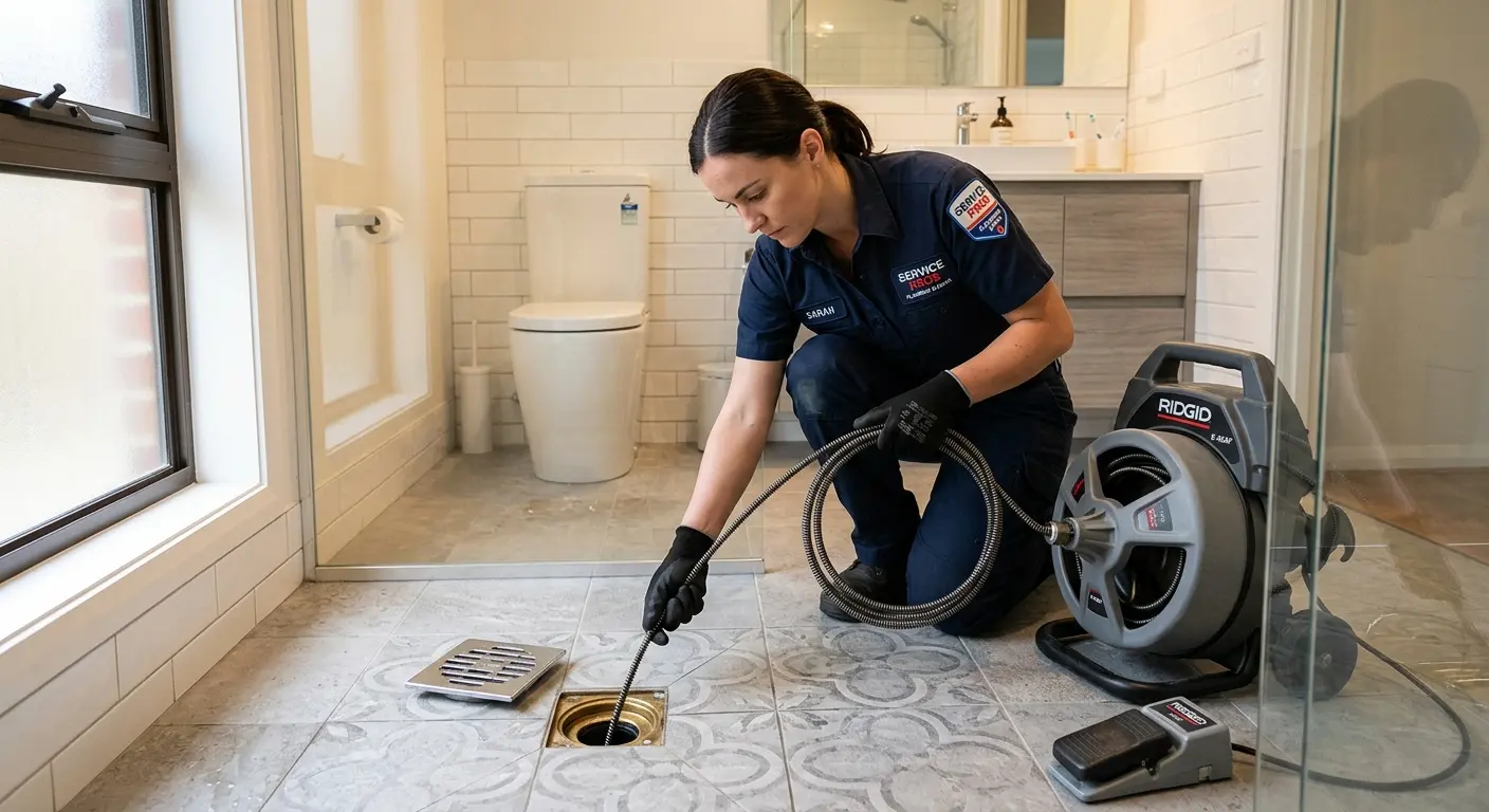 Technician clearing a bathroom floor drain for Drain Cleaning in Birch Bay